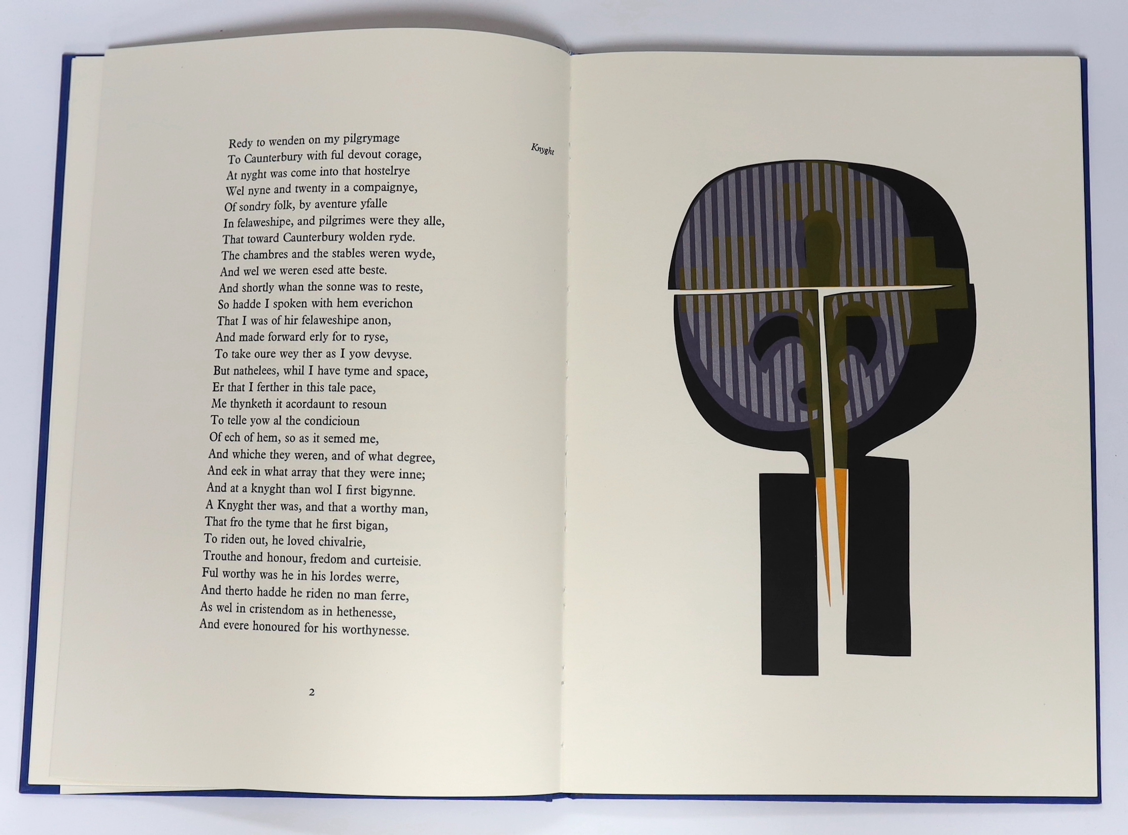 Chaucer, Geoffrey - King, Ronald (illustrator) - The Prologue to Canterbury Tales, 2nd edition, one of 250 initialled by King, folio, blue cloth, with 14 bound in colour screen prints and a prospectus, Circle Press, Guil